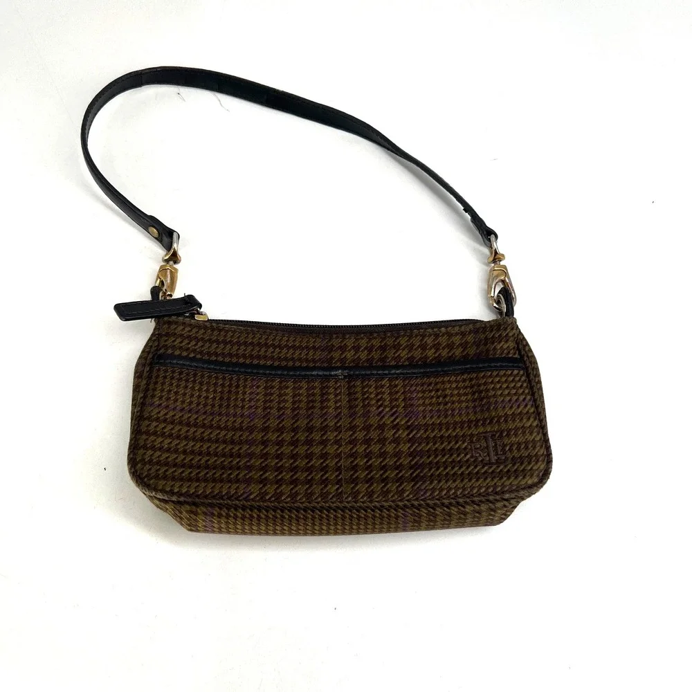 Ralph Lauren Mini Baguette Handbag Houndstooth Preppy 90s Brown Purple Shoulder